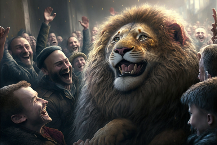 A warm hearted Leo the Lion joyously smiling as his friends cheer him on